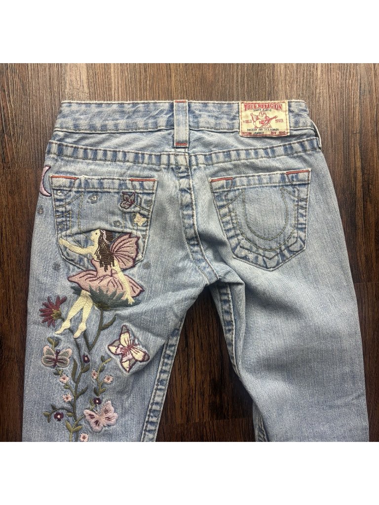 Vintage True Religion Jeans Johnny Boot Embroidered Fairy Light Wash Size 24